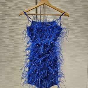 AKIRA Blue Feathered Mini Dress